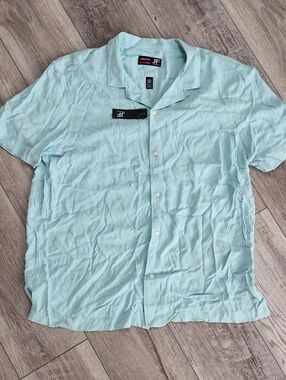 JF J Ferrar Stretch Slim Short Sleeve Button-Up Shirt in Aqua 16-16 1/2